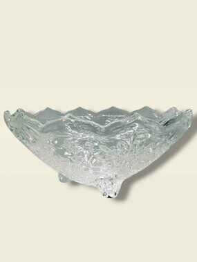 Clear Glass Decorative Footed Bowl With Floral & Snowflake Raised Relief Scallop